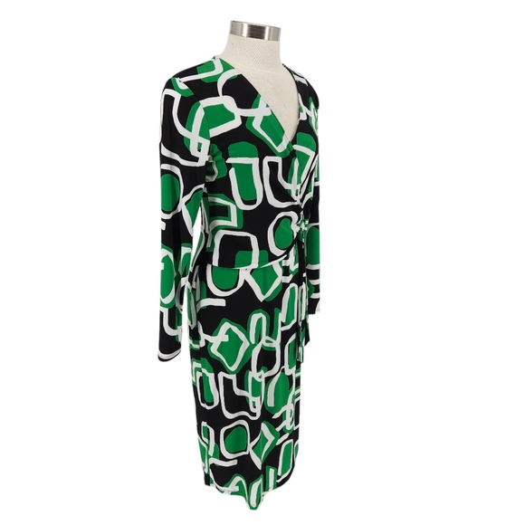 CATO Wrap Midi Dress Fern Green Retro Print Long Sleeve V Neck Tie Medium - Picture 2 of 7